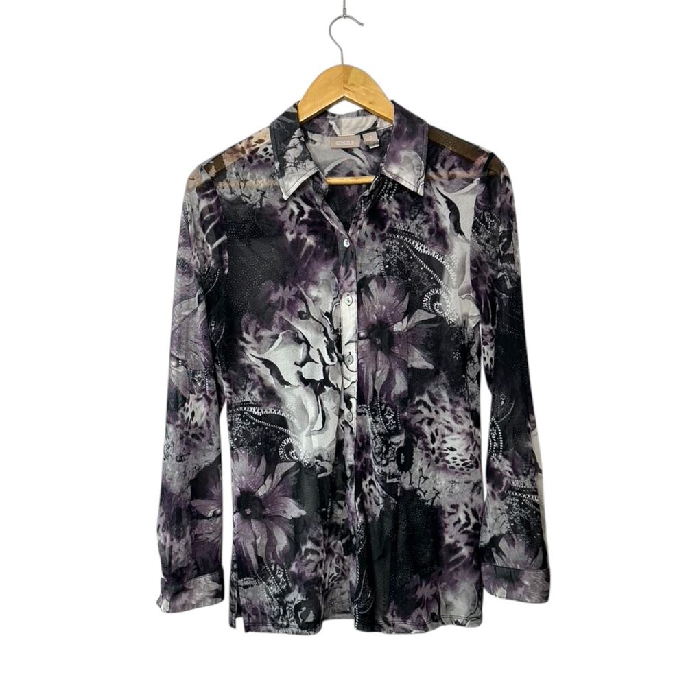 Chico's Purple & Black Floral Semi-Sheer Long Sleeve Button Up Blouse  Large